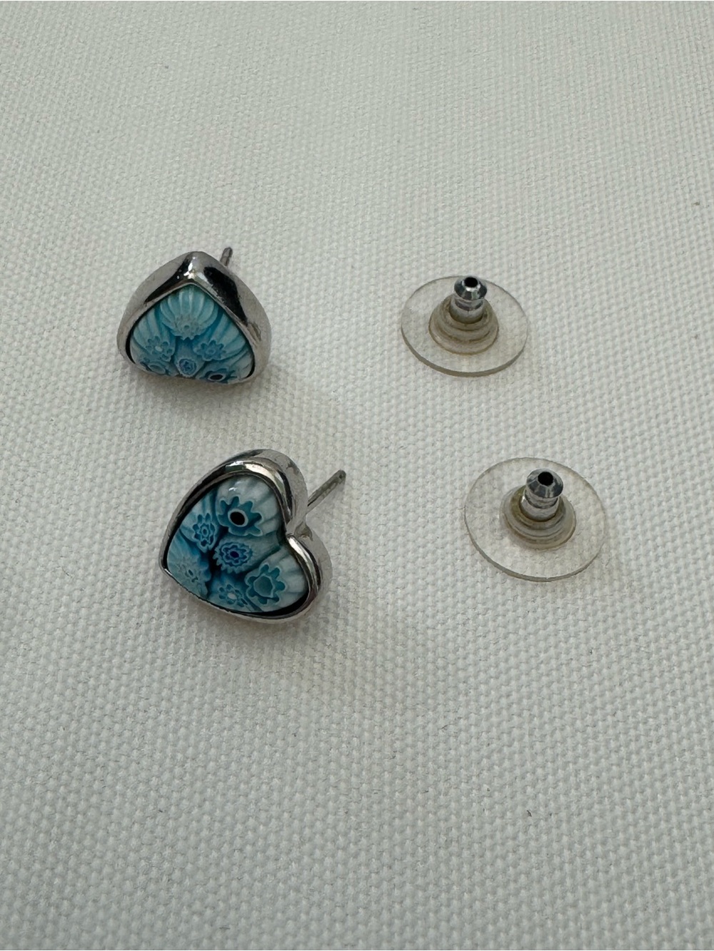 Alan K Murano Blue Heart Floral Stud Earrings - Silver Trim